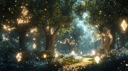Dreamlike forest where the trees have glowing, crystal-like leaves, and the ground sparkles with hidden treasures. 