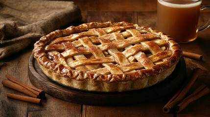 A freshly made apple pie with a lattice crust, placed on a rustic wooden table with scattered cinnamon sticks and a mug of hot cider next to it.