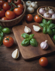 "Soft Wooden Table with Fresh Ingredients"