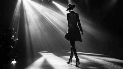 Fashion model walking on a runway lit by spotlights in a black and white photograph.