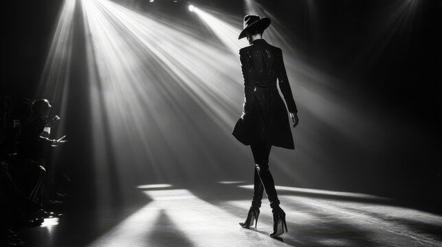 Fashion model walking on a runway lit by spotlights in a black and white photograph. - Powered by Adobe