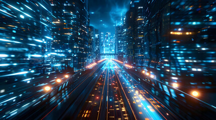 night shot from view point. Concept for warp effect futuristic space tunnel and digital town
