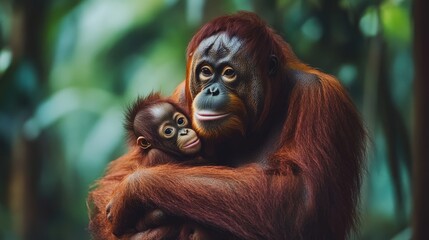 A Mother Orangutan Holds Her Baby Close