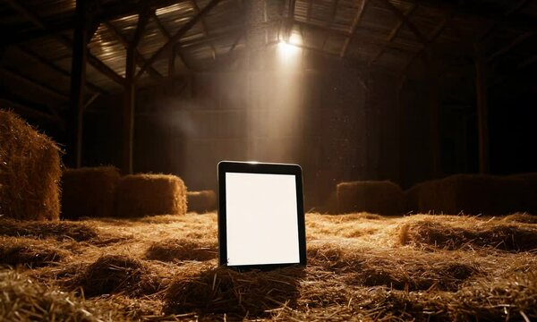 Wit scherm smartphone tablet in een hooischuur omgeven door stro