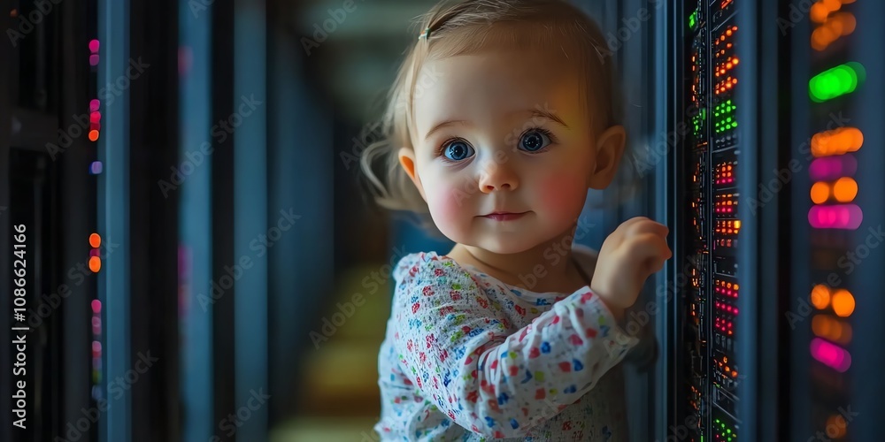 Poster little girl curiously examines rows of lights on a server rack.