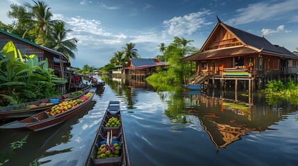 Obraz premium The photo showcases a bustling Thai floating market with colorful wooden boats filled with tropical fruits and spices, surrounded by lush greenery and traditional stilt houses reflecting on calm canal