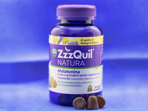 ZzzQuil NATURA is a natural supplement in gummy tablets to support sleep based on melatonin and extracts such as valerian, chamomile and lavender with vitamin B6,Rome, Italy - November 13, 2024