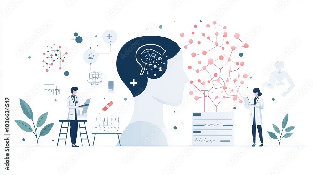 Poster scientists in a lab work with artificial intelligence software and medical data, illustrating the re