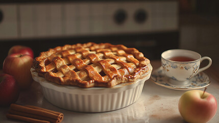 A golden apple pie with a perfectly browned top and flaky crust, placed on a kitchen counter with apples, cinnamon, and a teacup beside it.