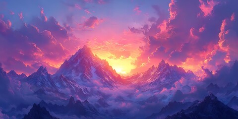 Majestic mountain range at sunset with vibrant pink clouds.