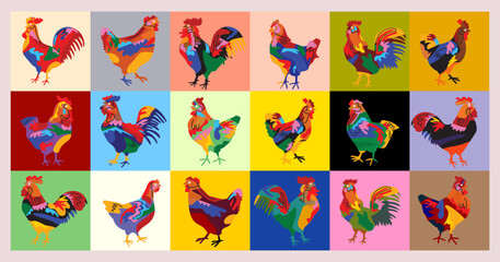 Aesthetic abstract silhouettes chicken set vector illustration. Geometric and shapes on colorful background. Design for decoration poster  and all art.