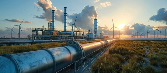 Green Energy Transition. Modern Industrial Plant with Wind Turbines at Sunset, Combining Fossil Fuels and Renewable Resources.