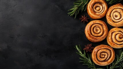 A close-up of cinnamon rolls arranged with festive greenery and spices, set against a dark background, evoking a cozy, seasonal atmosphere.