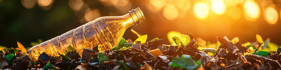 plastic bottle lies among colorful recycled materials, symbolizing sustainability