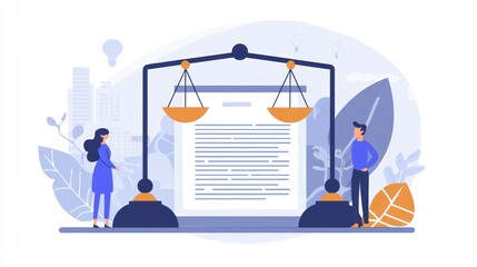 Elegant Flat 2D Legal Scales on Document - Symbol of Legal Agreements. Minimalist Design Concept with Balance and Justice Representation