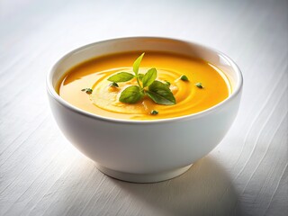 Low-key still life, creamy soup, white bowl.