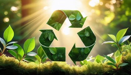 green recycling symbol on the background of plants and leaves