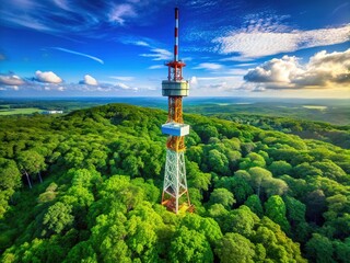 Obraz premium Lush landscape, a communication tower piercing the blue.
