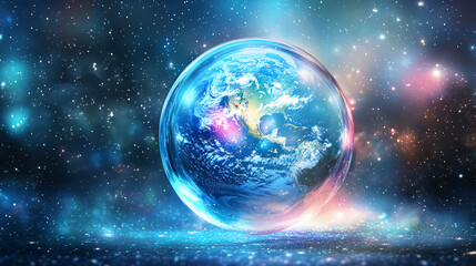 Obraz premium Earth Floating in a Crystal Ball, Surrounded by Stars and Galaxies, Radiating a Soft Glow 