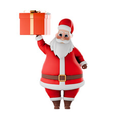 Santa Claus Festive 3D Model. A Santa Claus man stands with his right hand holding a gift. Cartoon Christmas Character