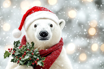 Festive Polar Bear in Santa Hat and Scarf