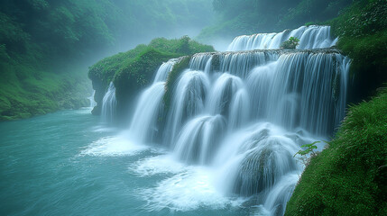 Fototapeta premium A dramatic waterfall texture featuring cascading water over rugged rocks, creating a powerful and dynamic scene. Ideal for nature, adventure, or outdoor-themed projects with a sense of motion.