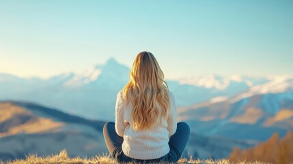 A woman inhales deeply, embracing the fresh air and serene beauty of a mountaintop vista, finding peace and clarity in the vastness of nature.