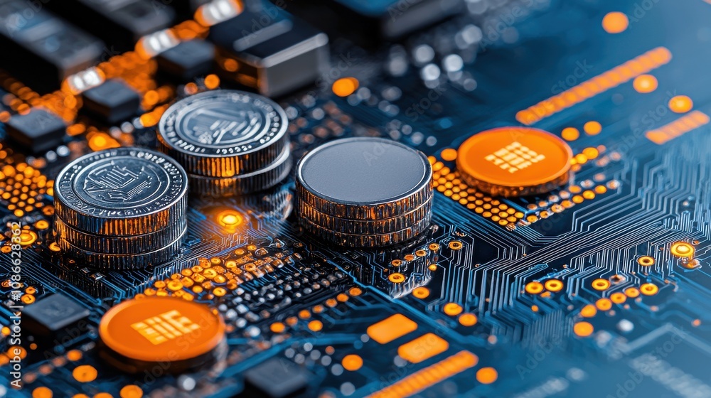 Poster Exploring the future of digital finance multiple currencies displayed on a digital wallet interface in a modern tech environment