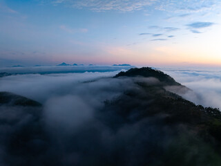 Drone aerial view of landscape mountains view in sunrise or sunset time,High angle view over countryside at northern Vietnam