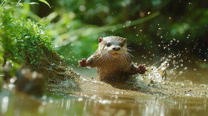 Naklejka na ściany i meble Joyful Otter Sliding Down Mud Bank into River Surrounded by Lush Greenery - Ultra-Detailed Wildlife Scene of Carefree Fun