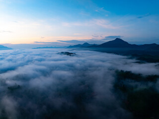 Drone aerial view of landscape mountains view in sunrise or sunset time,High angle view over countryside at northern Vietnam