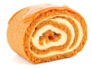 Fototapeta premium Delicious Caramel-Drizzled Pumpkin Cheesecake Roll - Close-Up Studio Shot. AI Generated
