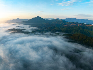 Drone aerial view of landscape mountains view in sunrise or sunset time,High angle view over countryside at northern Vietnam