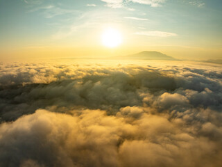 Drone aerial view of landscape mountains view in sunrise or sunset time,High angle view over countryside at northern Vietnam