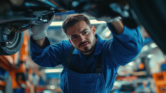 A focused mechanic works under a vehicle in a garage, wearing a blue jumpsuit and gloves, demonstrating skill and precision in auto repair.