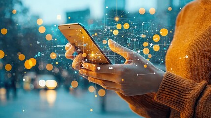 Digitally paying for services urban street action shot cityscape close-up urban living and technology integration