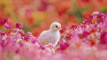 Curious Baby Chick Discovering Colorful Flower Garden in Ultra-Detailed Shot