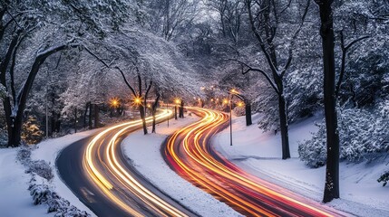 Long exposure shot of snowy roadways, capturing the trails of headlights and taillights amidst a serene winter night