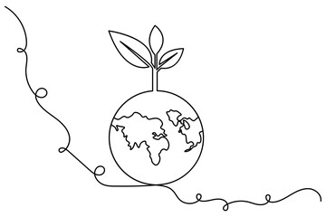 Obraz premium continuous hand draw concept of Eco earth planet icon of world earth day global map outline vector