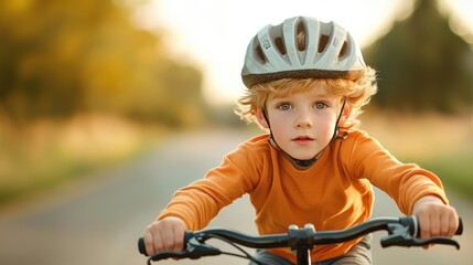 Obraz premium A young boy riding his bicycle with a determined expression on his face, learning to balance and gain confidence in his physical abilities.