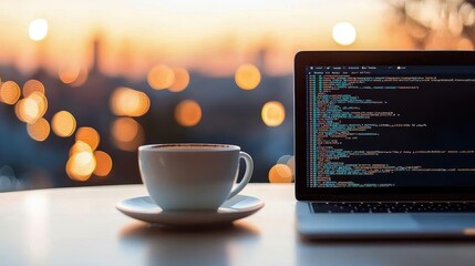 A minimalist workspace with a laptop displaying a website code editor, a smartphone showing the website mobile view, and a cup of coffee beside them.