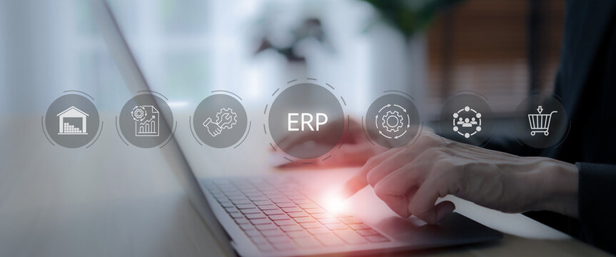 ERP system technology concept. Digital illustration depicting Enterprise Resource Planning (ERP) system with icons representing key functions such as inventory, data analysis and process automation.