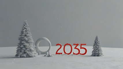 New 2035 year red thin numbers in composition between two fir trees snowy picture