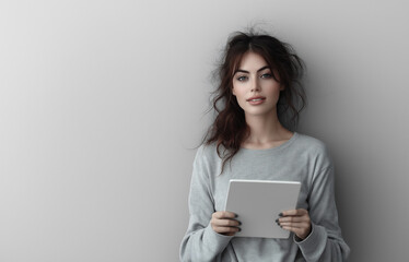 Fototapeta premium Young woman using a tablet. Solid simple isolated background. 
