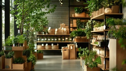 Sustainable and greenery environmental concept. A modern indoor plant shop filled with greenery and natural decor.