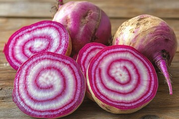 Freshly sliced chioggia beet with vibrant concentric pink and white rings