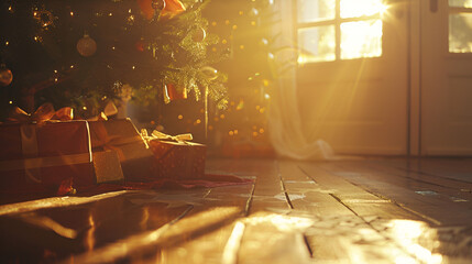 Christmas morning with gifts under the tree sunlight streaming in joyful holiday anticipation copy space