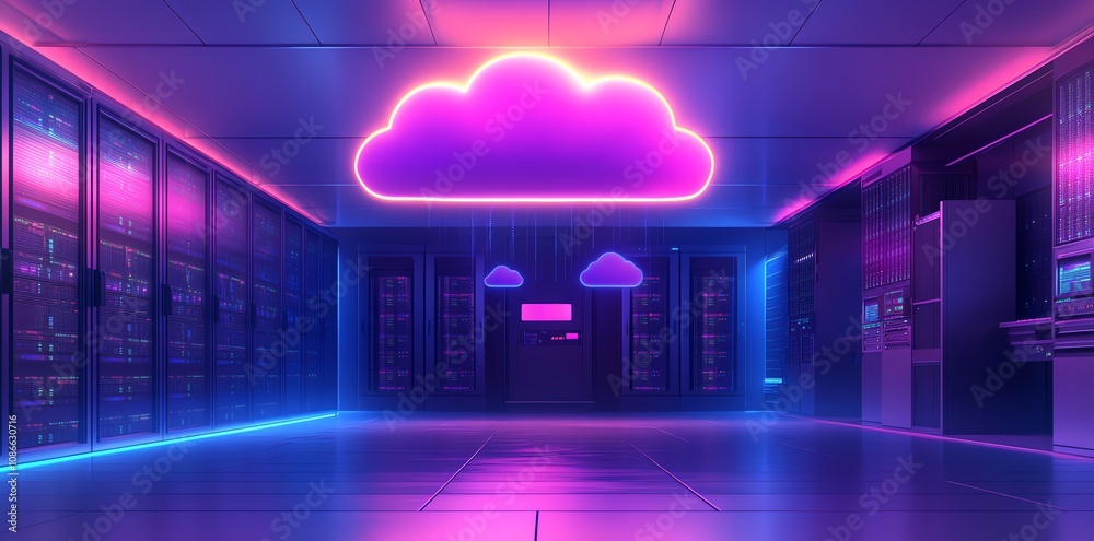 Fototapete Neon cloud computing symbol above rows of data servers in a server room.