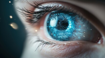 A glowing blue eye with intricate circuitry patterns, symbolizing artificial intelligence and the advancement of technology.