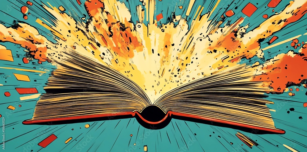 Poster Open book with a bright burst of color and light radiating from its pages.